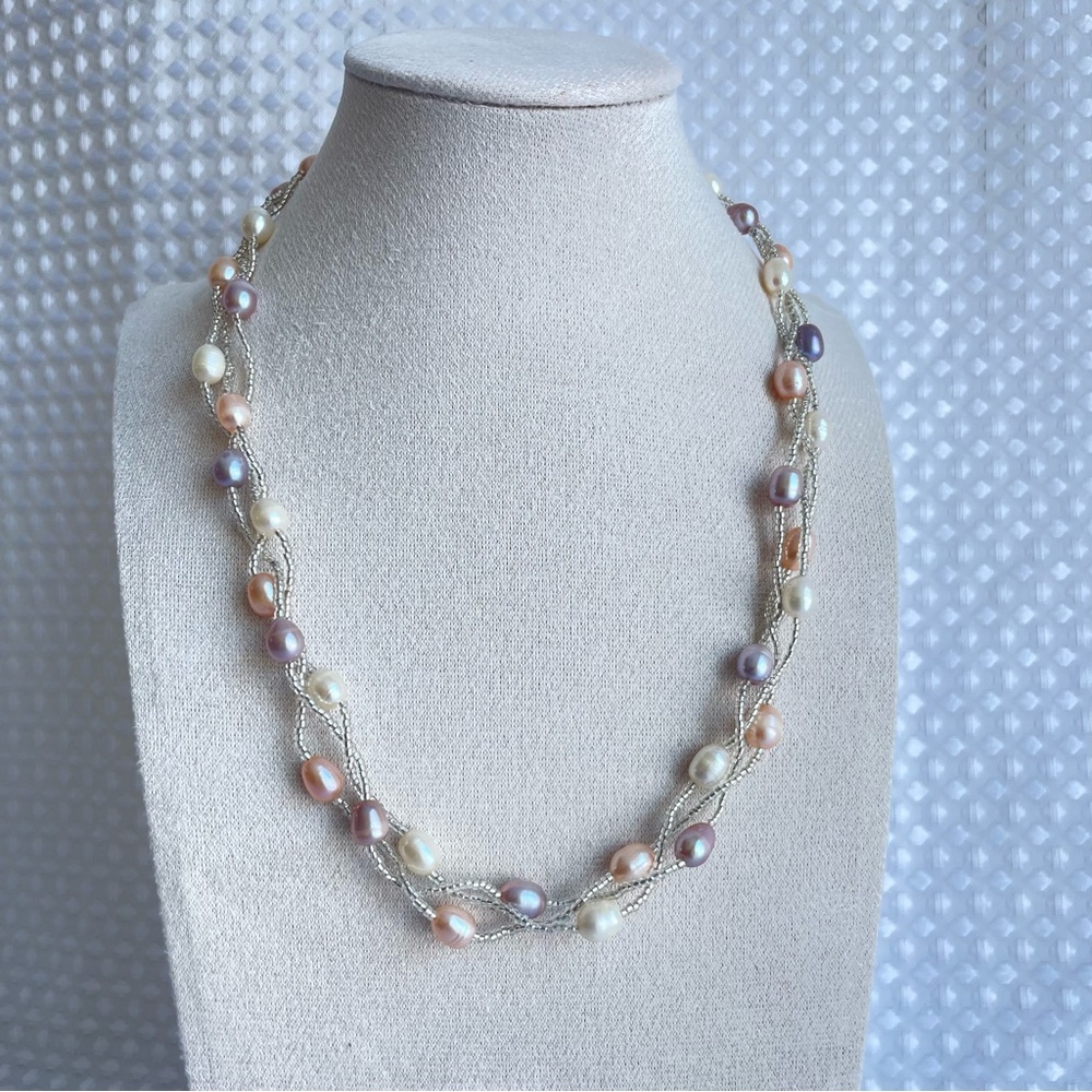 Stunning Triple-strand Baroque Pearl and Seed Bead Necklace Iridescent EUC #638